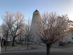 Soleturm hinter winterlichen Bäumen