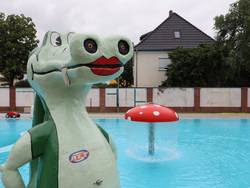 Das Bade-Krokodil vom Freibad. © Stadt Schönebeck (Elbe) Ein Wasserspeier im Aussehen eines großen freundlichen Krokodils.