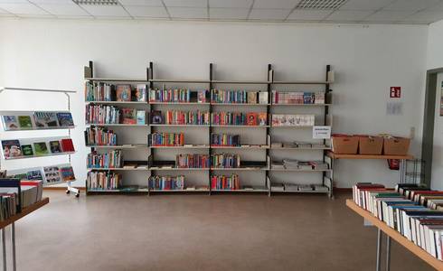 Regal mit Medien in der Bibliothek.