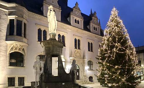 Beleuchteter Weihnachtsbaum vor Rathaus mit Brunnen