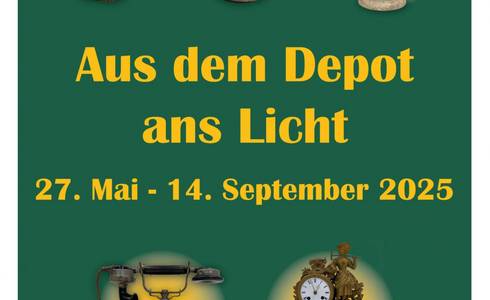 Plakat auf grünem Untergrund mit gelber Schrift zur Sonderausstellung des Salzlandmuseums.