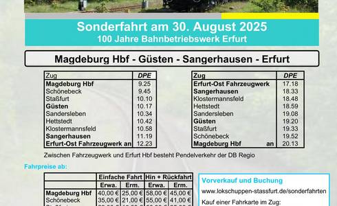 Plakat zur Sonderfahrt mit dem Zug nach Erfurt.